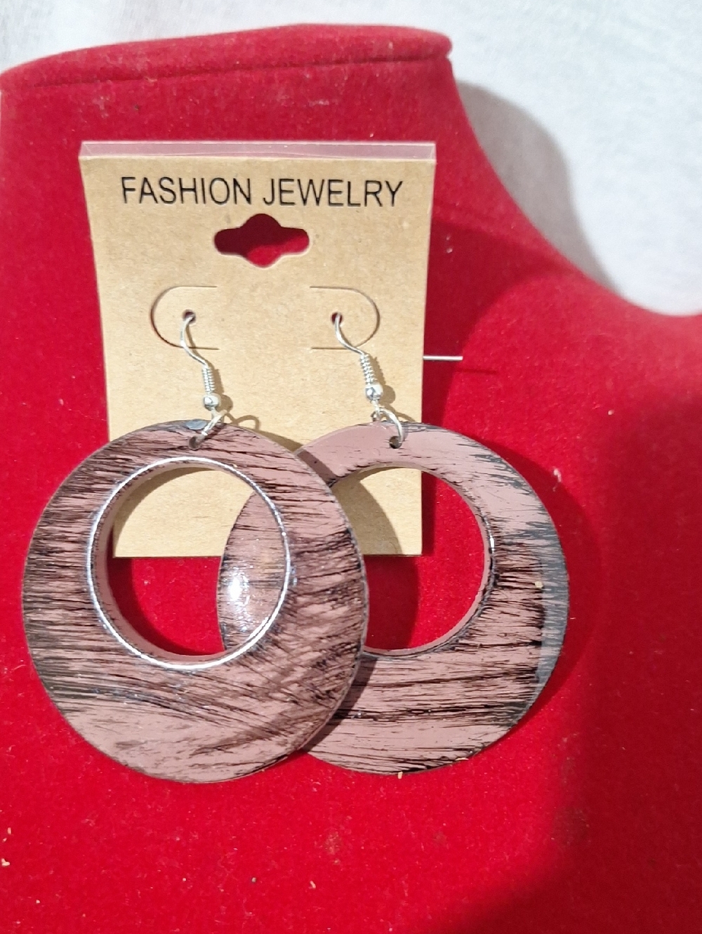 Fashion Jewelry Pink Wood-Effect Hoop Earrings